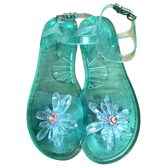 Betsey Johnson Jelly Sandals Size 7 Neon Green Flower Embellish Ankle Strap NWOB - Picture 1 of 9